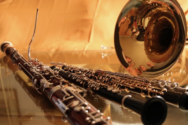 Das Foto zeigt verschiedene Blasinstrumente