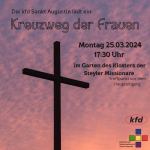 Aufgerichtetes schwarzes Kreuz vor lila-purpurfarbenem Abendhimmel; kfd-Logo, Logo Seelsorgebereich Sankt Augustin