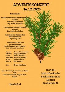 Gelbes Plakat mit Tannenzweid und Kiefernzapfen. Text: Adventkonzert 14.12.2025 um 17:00 Uhr Pfarrkirche St. Augustinus in Sankt Augustin-Menden.