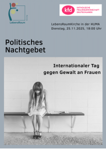 Fyler zum Politischen Nachtgebet nach Dorothee Sölle: Eine Frau sitzt mit gesenktem Kopf auf einer Bank, neben sich eine Tageszeitung.