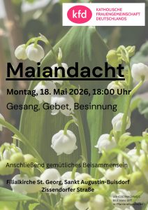 Maiglöckchen blühen, oben steht das kfd-Logo. Text Maiandacht